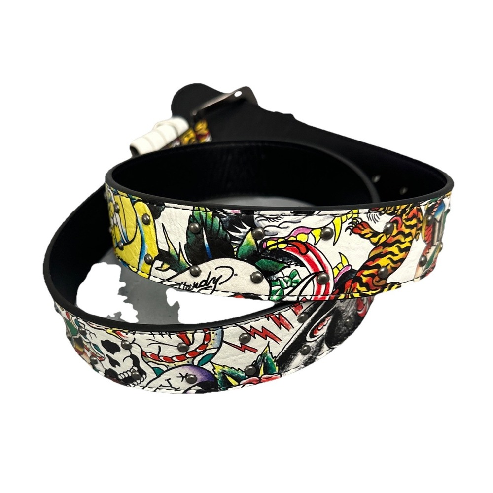 Ed Hardy Men's Skull Tiger Panther Print Belt With Hammered Rivet Studs SZ 42 NW